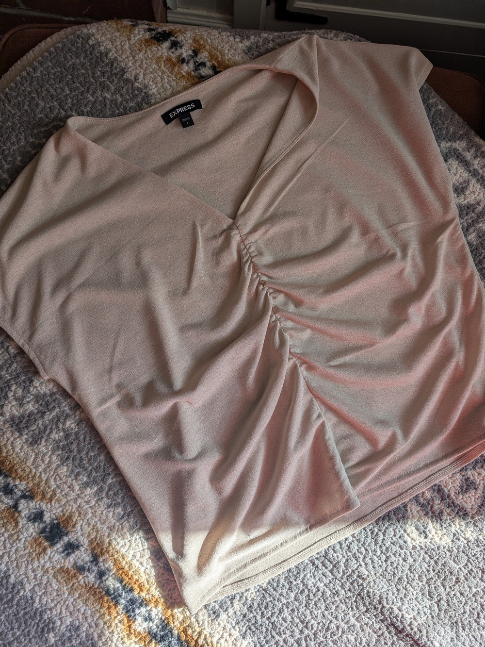 Express Light Pink V-Neck Ruched Front Blouse